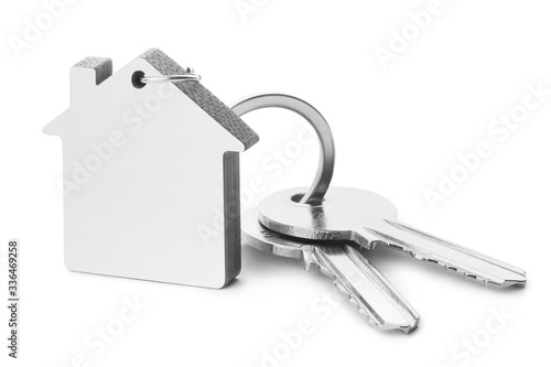 Blank house shaped keychain with two keys, isolated on white background