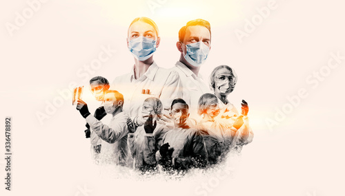 team of doctors men and women fighting diseases and viruses