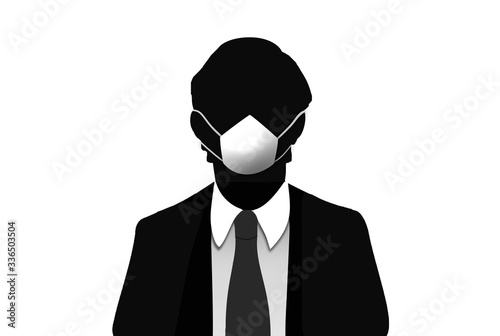 Hombre anónimo con chaqueta y corbata con mascarilla. Prevención. Salud.
