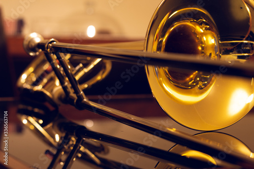 closeup of tenor trombone on the table