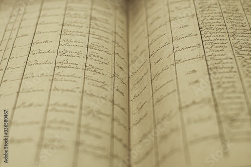 Soft focus of an old book of local records with list of residents' names and information