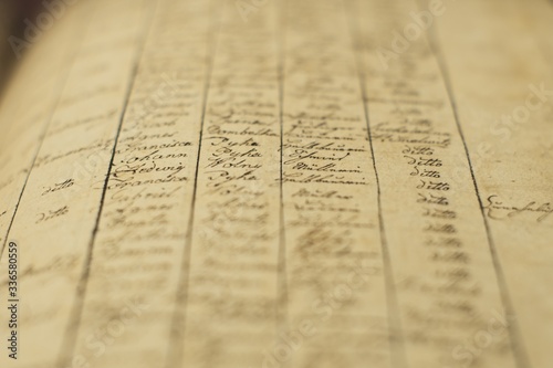 Soft focus of an old book of local records with list of residents' names and information