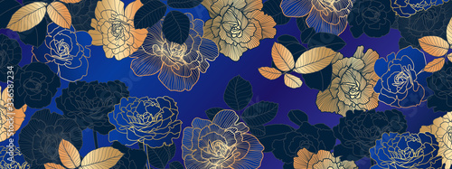 Luxury golden and blue floral wallpaper design vector, Golden rose pattern design background for wedding, banner, card, cover, and packaging design background. Vector illustration.