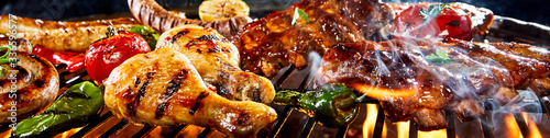 Very wide panorama banner of meat on a barbecue