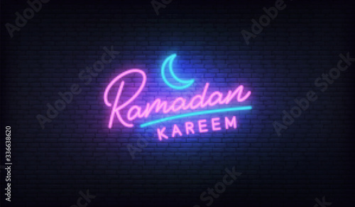 Ramadan Kareem neon. Lettering glowing colorful sign for Ramadan celebration with crescent moon