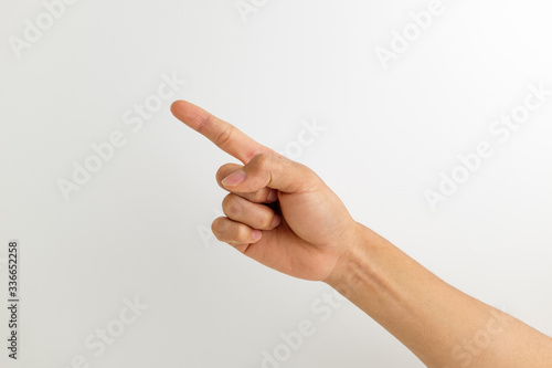 Index finger hand signal on white background