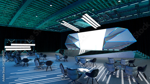 Ilustración 3D de escenario en bodega, para eventos corporativos y especiales con pantallas LED