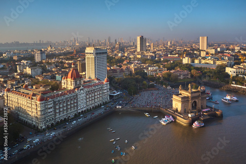 Mumbai ocean line and gate of India, aerial drone view