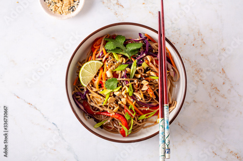Buckwheat or soba noodle salad with vegetables and peanut sauce