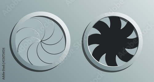 A vector illustration of a futuristic round mechanical portal with a sphincter type mechanism open and shut