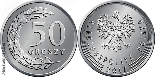 vector Polish Money fifty groszy silver coin reverse with Value and 50 leaves in semicircle shape, obverse with eagle in crown