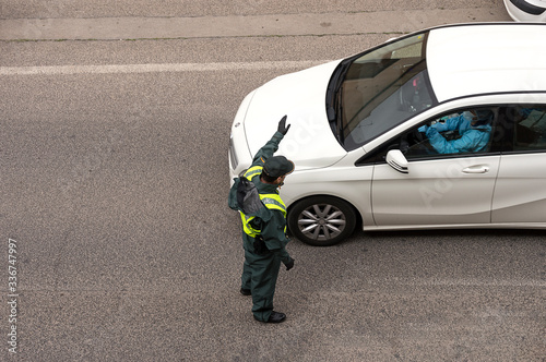 Guardia Civil stops a vehicle at a checkpoint during the Covid-19 pandemic