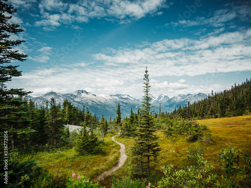 Scenic panoramic landscape in Upper Dewey Lake, Skagway, Amazing mountain views, turquoise water, lush trees and foliage, blue sky and epic mountain range in background.