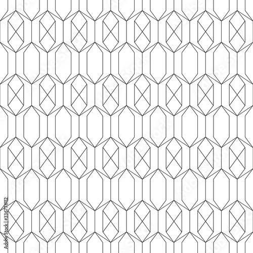 Geometric seamless pattern in outline style. Luxury texture with hexagons and crosses. Abstract diamond shapes wrapping template. Black intersecting lines on white background. EPS8 vector illustration