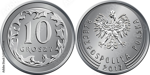 vector Polish Money ten groszy silver coin reverse with Value and 10 encircling leaves, obverse with eagle in crown