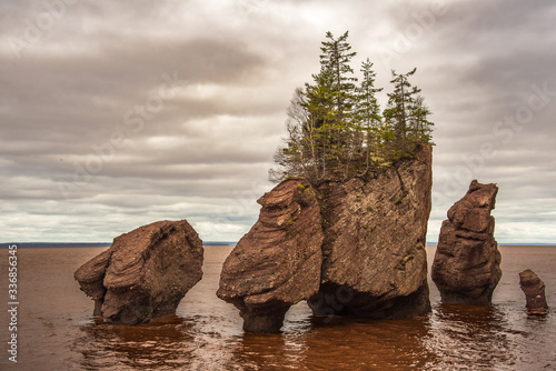 Hopewell Rocks in the eastern state of New Brunswick in northern Canada, summer, rainy, cloudy day in the east. 