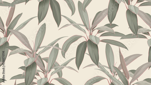 Foliage seamless pattern, colorful Cordyline fruticosa Firebrand plant on bright brown