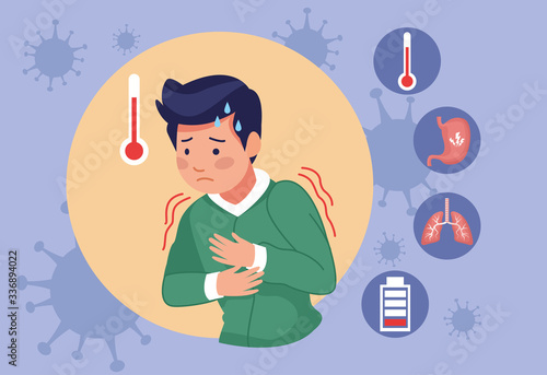 young man with fever covid19 symptoms and set icons