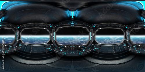 High resolution HDRI panoramic view of dark spaceship interior. 360 panorama reflection mapping of a futuristic spacecraft room 3D rendering