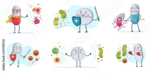 Antibiotic fight bacteria and virus. Strong antibiotics pills with shield protect from bacterias, medical pill vs viruses vector cartoon illustration set. Medical antibiotic character care with shield