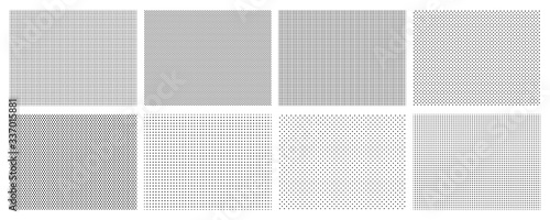 Seamless halftone dots pattern. Dotted mosaic, sport textile texture and row holes grid vector background patterns set. Halftone wallpaper, graphic point polka illustration