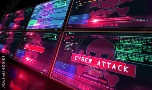 Cyber attack with skull symbol alert on screen