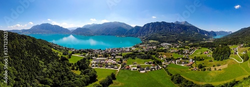 Beautiful amazing countryside view on Attersee lake im Salzkammergut, alps mountains in from Unterach. Upper Austria, nearby Salzburg.