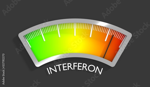 Interferon level scale with arrow. The measuring device icon. Sign tachometer, speedometer, indicators. Infographic gauge element. 3D rendering