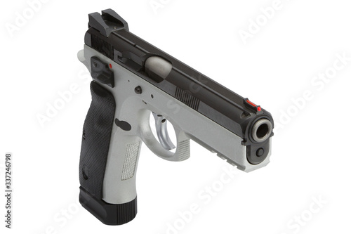 image of a silver pistolwith a black grip isolated on a white background