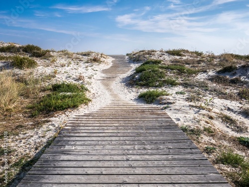 Wooden walkway, through the dunes, beach access to Praia Larino. Larino, Carnota, La Coruna, Galicia, Spain