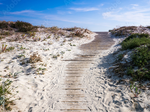 Wooden walkway, through the dunes, beach access to Praia Larino. Larino, Carnota, La Coruna, Galicia, Spain