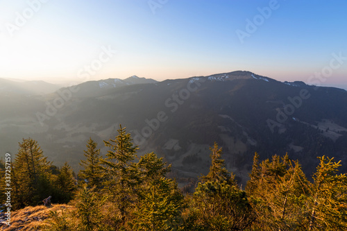 Idyllic mountain landscape with forest and trees at sunset. Allgau Alps, Bavaria, Germany