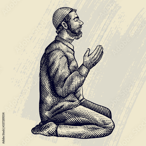 Hand Drawn Engraving of old man praying Illustration