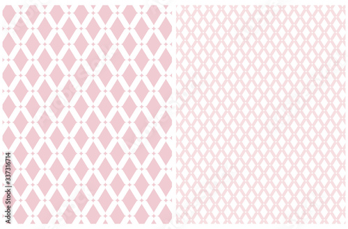 Geometric Seamless Vector Pattern with White Dots and Lines Isolated on a Light Pink Background. Pink Tiny Ornament on a White. Simple Pastel Color Repeatable Print.