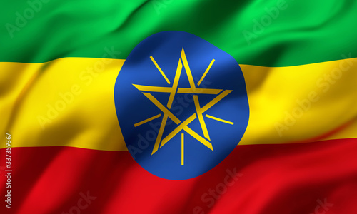 Flag of Ethiopia blowing in the wind. Full page Ethiopian flying flag. 3D illustration.