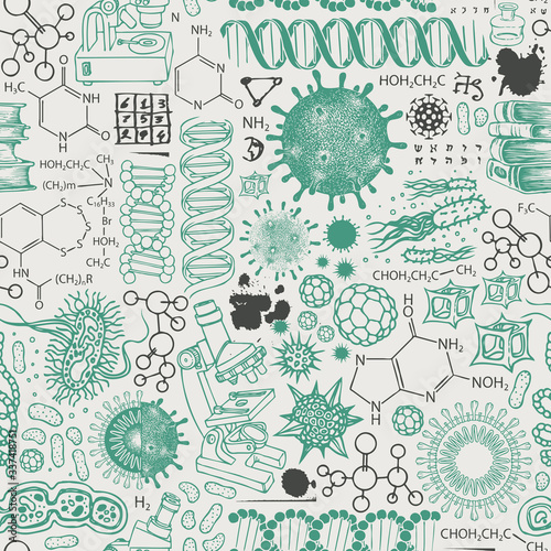 Vector seamless pattern on the theme of chemistry, biology, genetics, medicine. Abstract background with hand-drawn sketches in retro style. Suitable for wallpaper, wrapping paper, fabric