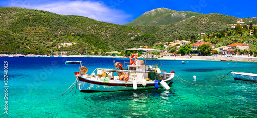 Greece travel. Lefkad Ionian island. Picturesque small fishing village Mirkos Gialos