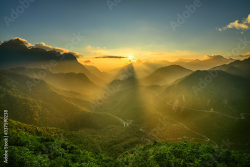 Aerial view of O Quy Ho pass from Sapa, Lao Cai to Lai Chau, Vietnam. O Quy Ho is one of the top 4 pass in Vietnam.