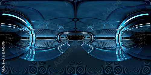 High resolution HDRI panoramic view of dark spaceship interior. 360 panorama reflection mapping of a futuristic spacecraft room 3D rendering