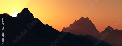 Silhouettes of mountains on a sunset background, Martian landscape, 3D rendering