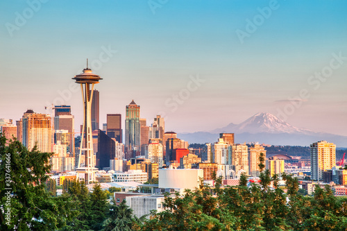 Seattle Cityscape with Mt. Rainier in the Background at Sunset, Washington