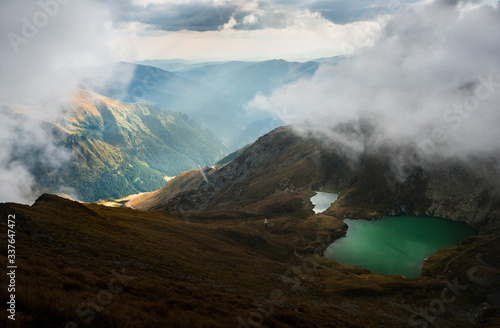 Dramatic Carpathian Mountains. Goat lake in Romanian Carpathian mountains, view from up, panoramic.