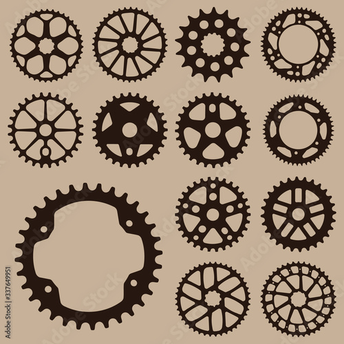 Set of gears. Gear wheel collection. Bicycle gear cogwheel sprocket symbols chain wheel. Group of gears. Bicycle crank vector collection.