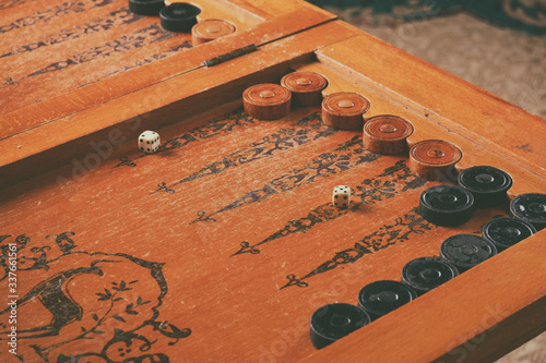 Old wooden backgammon board game