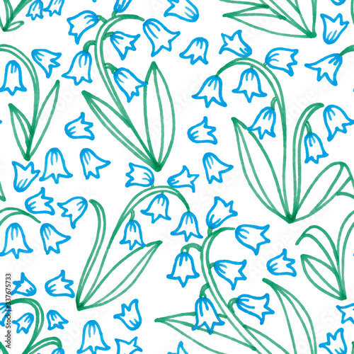 Seamless pattern of bluebell and campanula flowers drawn by watercolor brokers. Color contours of flowers. Can be used for wrapping paper, fabric, wallpaper.