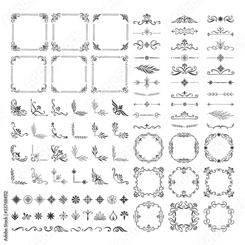 Set of vintage calligraphic dividers, frames, borders, corners. Vector hand drawn illustration.