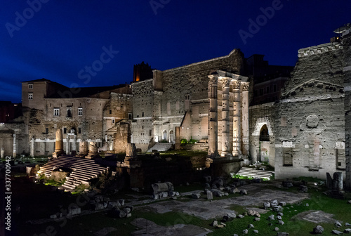 Rome, Imperial Forum by night with Temple of Marte Ultore 