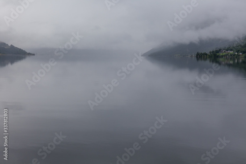 End of fjord, Beautiful Norwegian landscape. view of the fjords. Norway ideal fjord reflection in clear water
