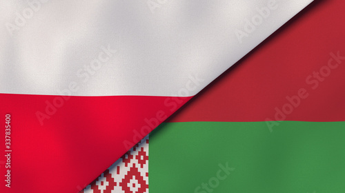 The flags of Poland and Belarus. News, reportage, business background. 3d illustration