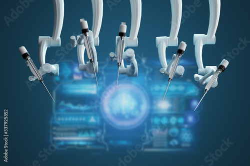 Robot surgeon, robotic equipment, manipulators. Minimally invasive surgical innovation with three-dimensional overview. Technology, the future of medicine, surgeon. 3D render, 3D illustration.